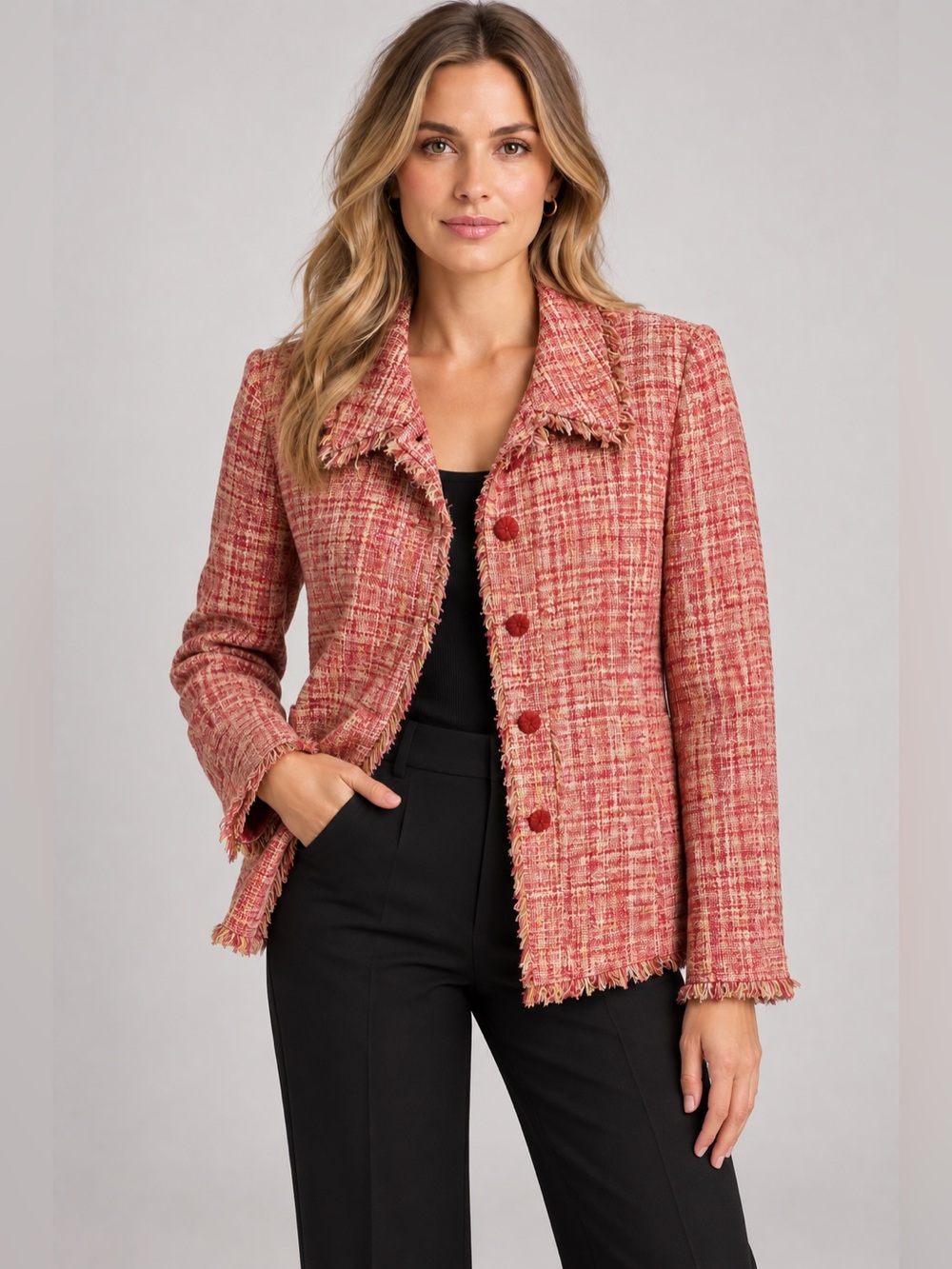 Classiques Entier Womens Silk Tweed Fringe Blazer Jacket Red Orange XL 14 Career